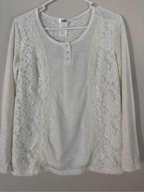 Ada Cream Lace-Trim Long Sleeve Henley Top